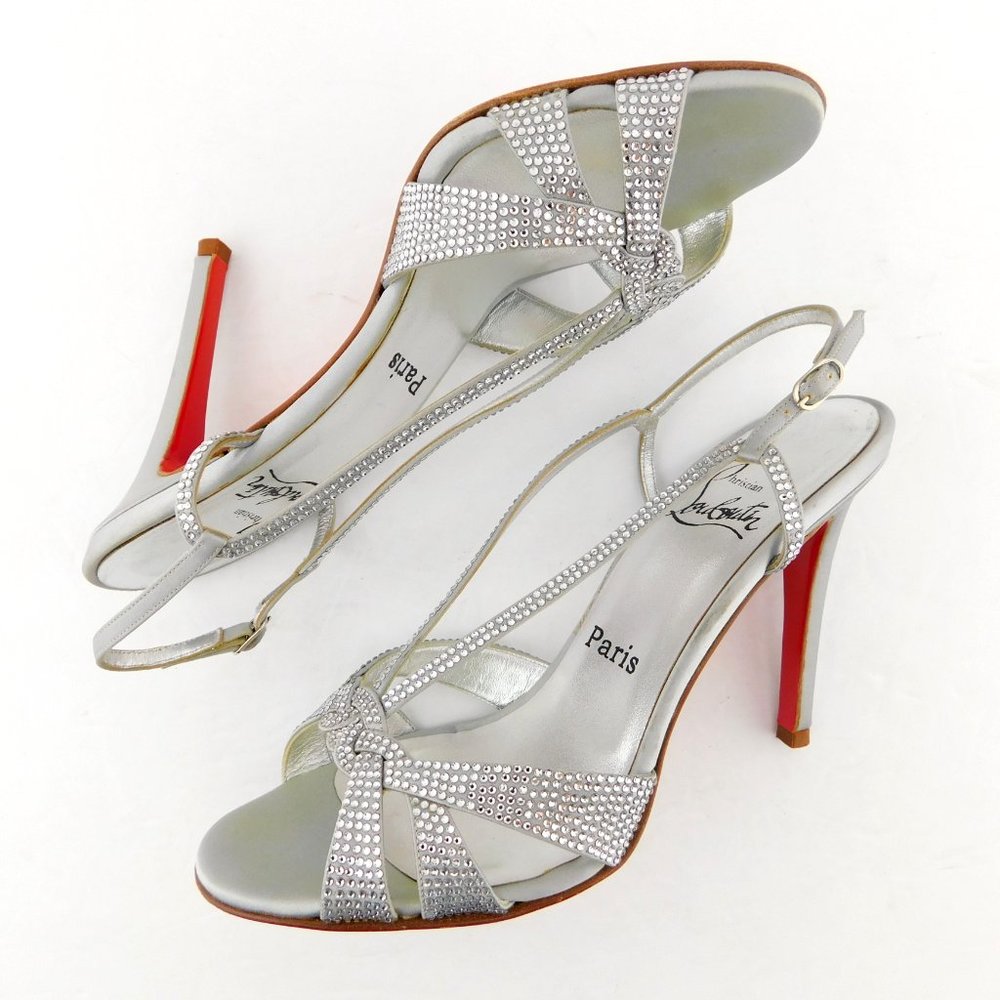 CHRISTIAN LOUBOUTIN Crystal Encrusted Silver Satin Strass Evening Heels 37.5 - Picture 5 of 10